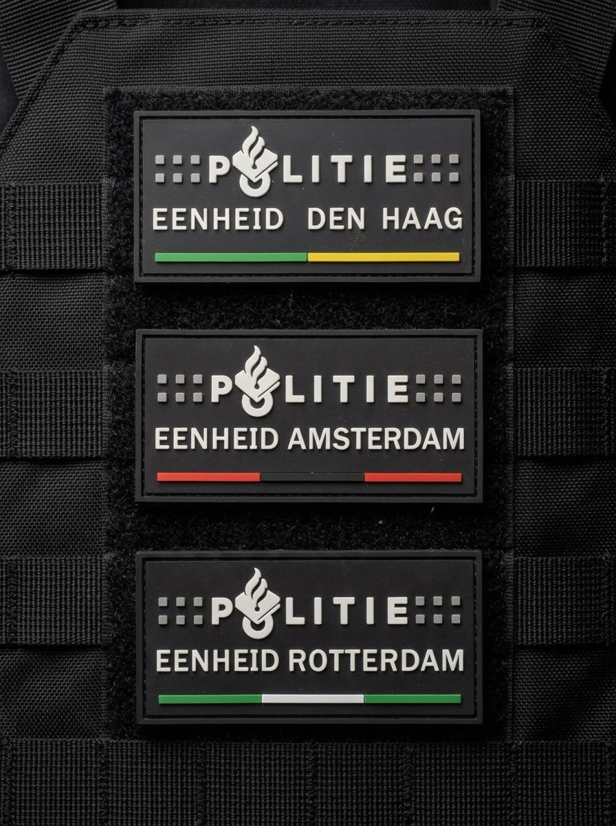 Unieke 3D PVC politiepatches bundel (Haagse, Amsterdamse, Rotterdamse vlagkleuren), 10x5 cm, klittenband, waterbestendig