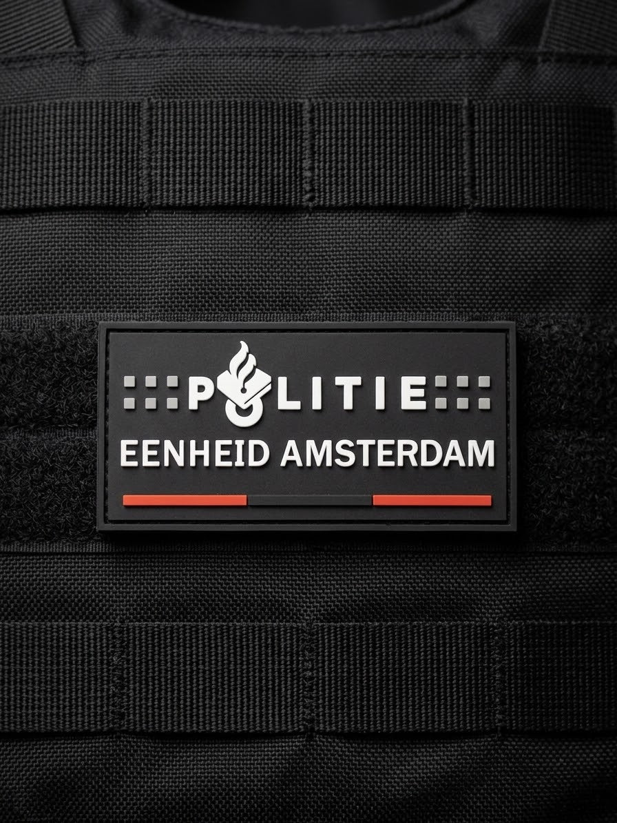 3D PVC patch Politie Amsterdam met vlagkleuren, klittenband, waterbestendig en slijtvast.
