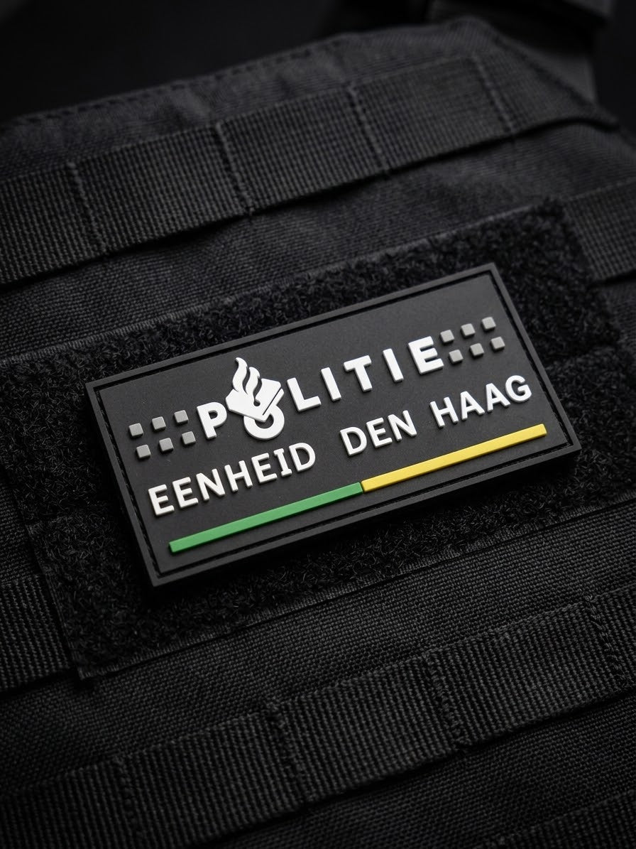 3D PVC patch Politie Den Haag met Haagse vlagkleuren, klittenband, waterbestendig en slijtvast.