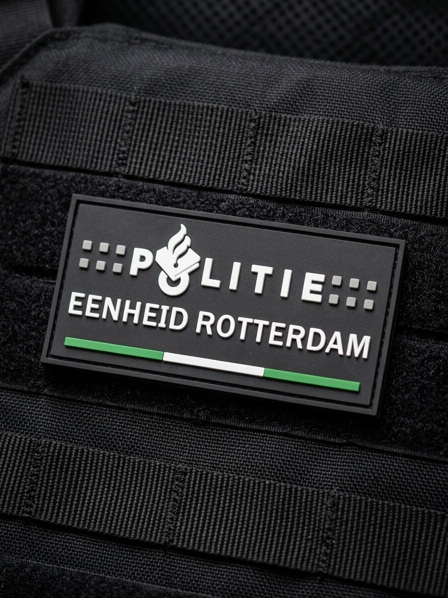 3D PVC patch Politie Rotterdam met vlagkleuren, klittenband, waterbestendig en slijtvast.