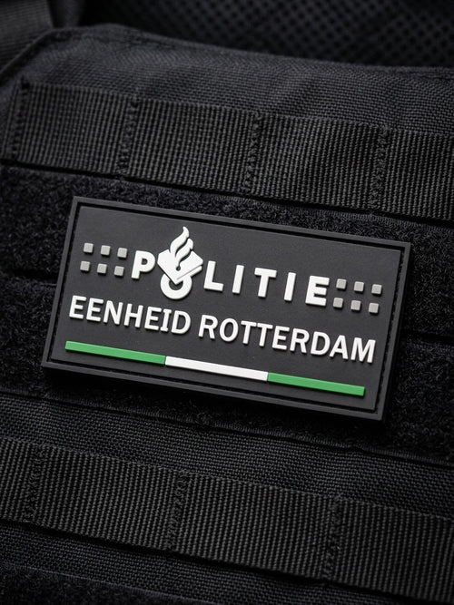 3D PVC patch Politie Rotterdam met vlagkleuren, klittenband, waterbestendig en slijtvast.