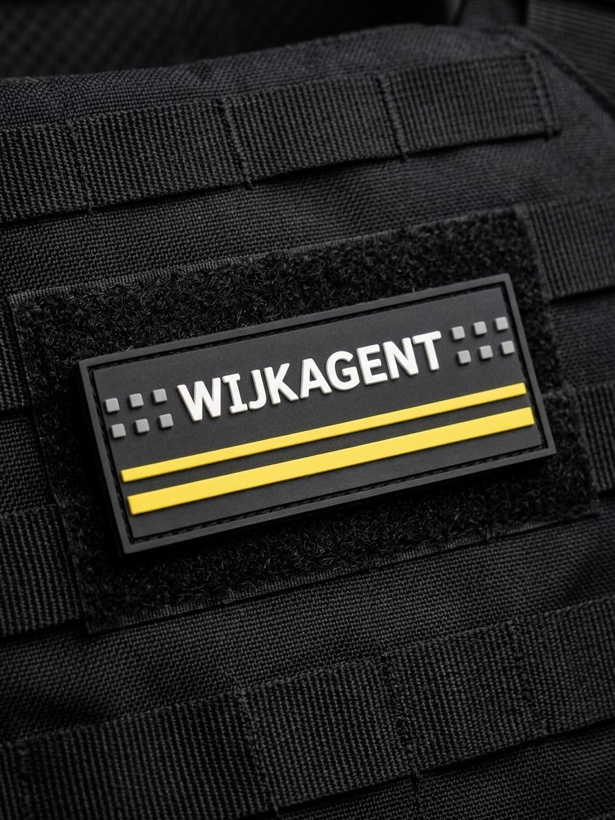 3D PVC wijkagentenpatch in Nederlandse politiestijl, klittenband, waterbestendig en slijtvast.